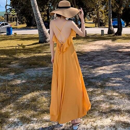 Tingfly 2020 Fashion Designer Bohemian Maxi Dress Bright Yellow Sexy Open Back Backless Ruffles Chiffon Long Dresses Plus Size