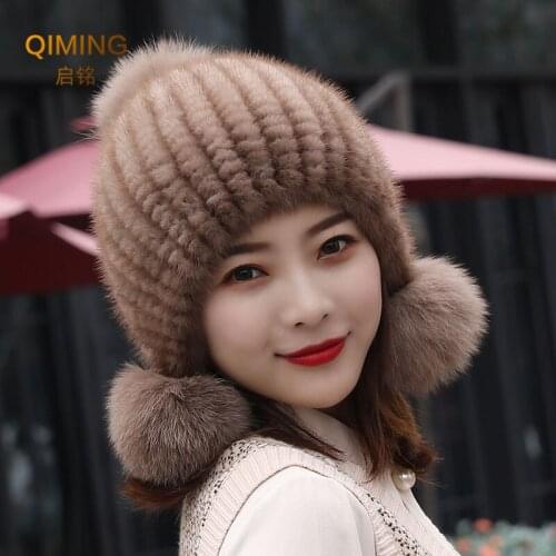 Hot Sale Real Mink Fur Hat Soft Winter Hat Ladies Women Knitted Mink Fur Ear Warm Knit Cap Beanies Cap Woman Fox Fur Pompom Hat