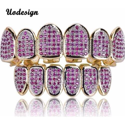 Hiphop Punk Style Purple AAA CZ Micro Pave Top Bottom Custom Teeth Grillz Set Rhodium Teeth Grills Body Jewelry