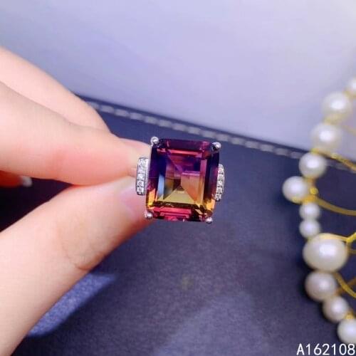 Fine Jewelry 925 Sterling Silver Inset With Large Gemstone Womens Luxury Exquisite Rectangle Ametrine Adjustable Ring Support D