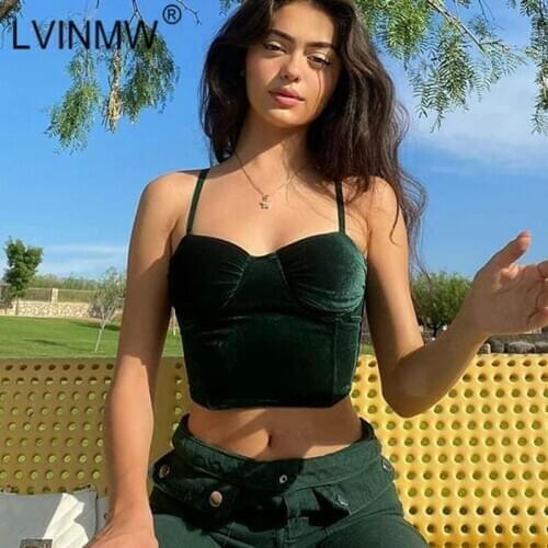 LVINMW Sexy Slim Pleated Spaghetti Straps Adjustable Backless Camis Sleeveless Fashion Solid Velvet Crop Top Autumn Inside Cloth