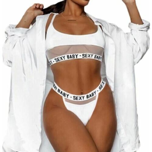 Micro Mini Bikini Beach Bra&Pants Letter Underwear White Black Perspective Mesh Milk Silk Splicing Three Point 3XL-M Lingerie