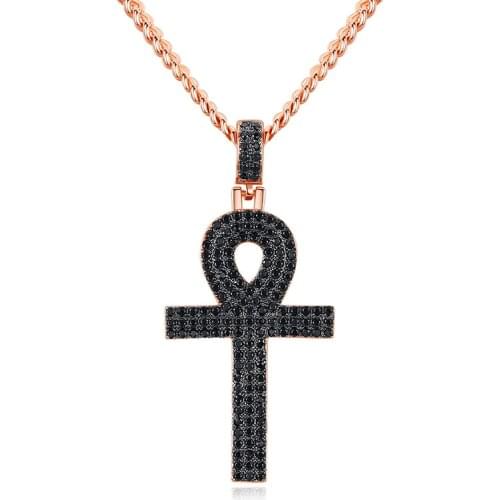 Black AAA+ Cubic ZIrconia Paved Iced Out Bling Key of Life Ankh Cross Pendants Necklace for Men Women Rapper Jewelry