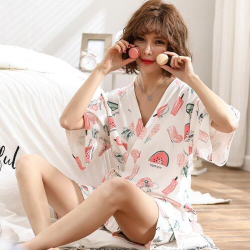 Women new kimono pajamas ladies summer short sleeve cotton Japanese sexy cardigan two piece sweet pajama sets pajamas for women