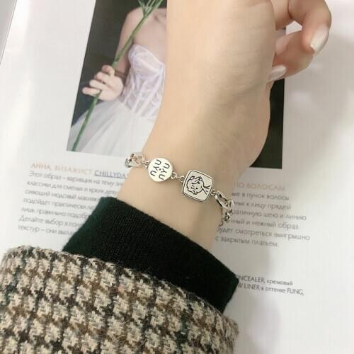 ModaOne Simple Cute Little Boy Hip Hop Chain Thai 925 Sterling Silver Bracelet For Women Mens Geometric Round Letter Jewelry