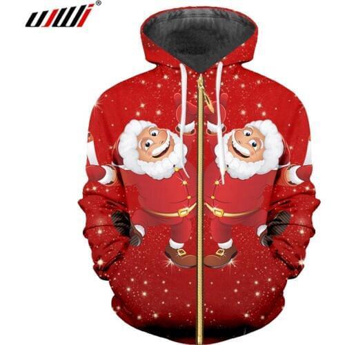 UJWI Snowflake Christmas 3D Printed Lovely Anime Santa Claus Mens Clothing Man Large Size Polyester Zip Hoodies