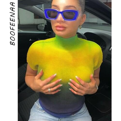 BOOFEENAA Y2k Crop Top Tee High Neck Dyeing Gradient Print Trendy Short Sleeve Women T Shirts Fashion Asthetic Clothes C85-BC12