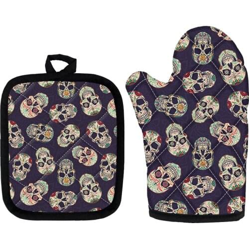 Funny Skull Printing Home BBQ Cooking Heat-insultaion Glove Pad 2pcs/Set Microwave Oven Mitts Washable Potholder Kitchen Guantes
