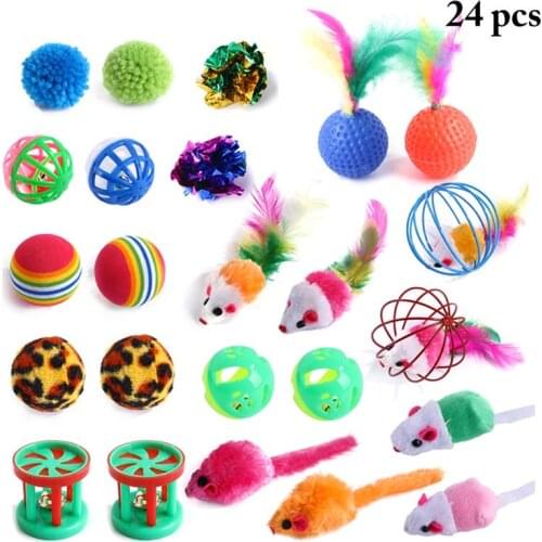 24 Pcs Funny Cat Teasing Toy Ball With Bell Interactive Cat Chew Molar Toys Colorful Plush Mice Shaped Kitten Cats Toy Supplies