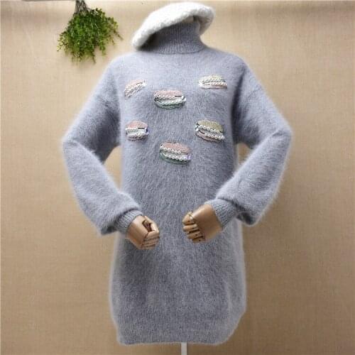 Ladies women fashion hairy fuzzy mink cashmere knitted turtleneck long sleeves beading slim pullover angora jumper sweater dress