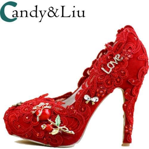 Red Lace Wedding Shoes High Heel Round Toe Crystal Beaded Slip-on Women Pumps Party Banquet Evening Dress Bridesmaid Performance