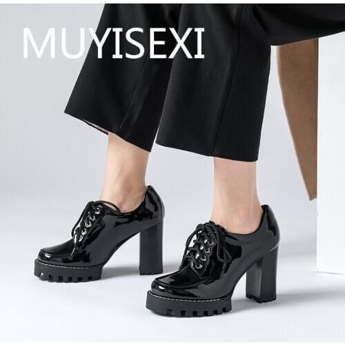 9cm thick high heeled platform autumn shoes fashion genuine leather cross-tied lace up winter ladies black shoes JGG08 MUYISEXI