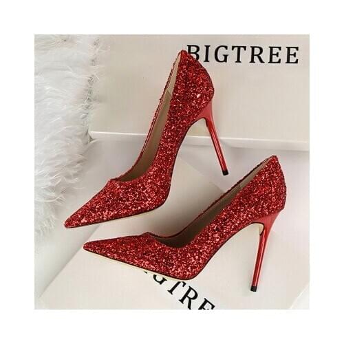 Womens Pumps Pointed Toe High Heels 9.5CM Sequined Cloth Hollow Female Wedding Bridal Party Shoes Delicate Sweet Woman Pumps