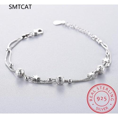 Double layer Handmade Jewelry Crystal Star Bead 925 Sterling Silver Charm Bracelet & Bangles for Women sl220