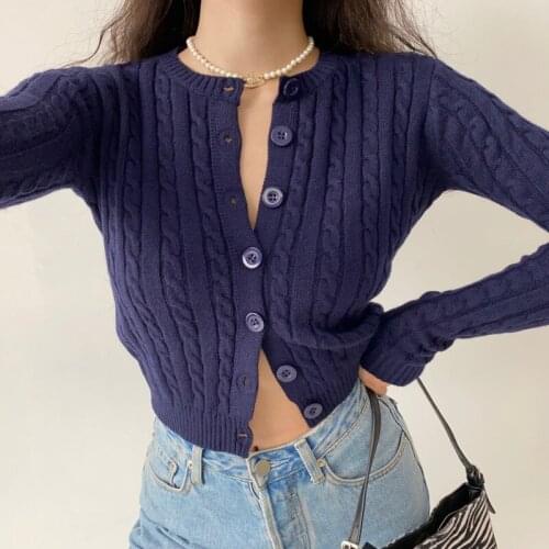WOMENGAGA Winter Solid Color Crew Neck Knitted Sweater For Women Korean Slim Long Sleeve Top Twist Detail Cardigan M3TB