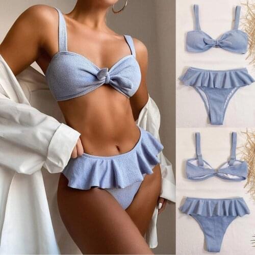 40# Women Ruffles Sexy Bikinis Set Push Up Vintage Swimsuit High Cut Lace Up Halter Bikini Sets Bow Solid Beachwear Swimwear