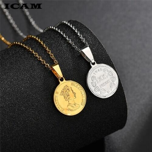 ICAM Stainless Steel Women Necklace Gold Color Pound Elizabeth II, Coins Mujer Collar Choker Vintage Jewelry 2019 New