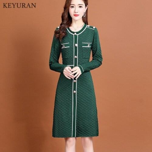 2021 Autumn Winter New Argyle Knitted Dress Women O-Neck Long Sleeve Slim Waist Button Fashion Bright Shinny Knit Sweater Dress