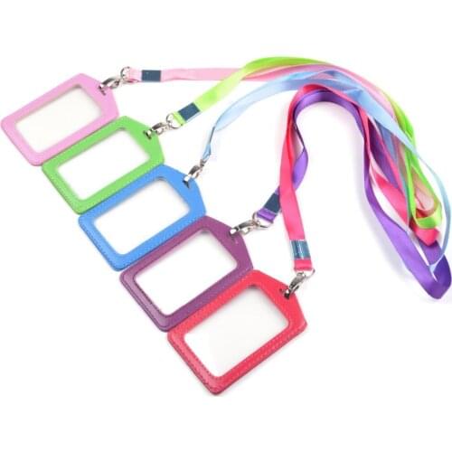 5 Pcs Assorted colors Faux Leather Business Id Credit Card Badge Holder Clear Pouch Case with Long Neck Strap Band Lanyard