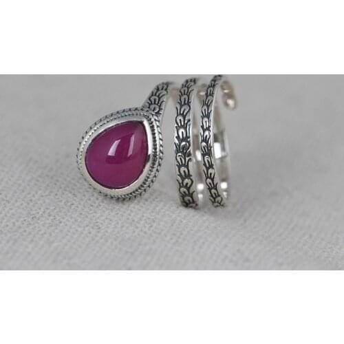 FNJ 925 Silver Heart Stone Ring Original S925 Sterling Silver Rings for Women Jewelry Open Adjustable Size Rose Corundum