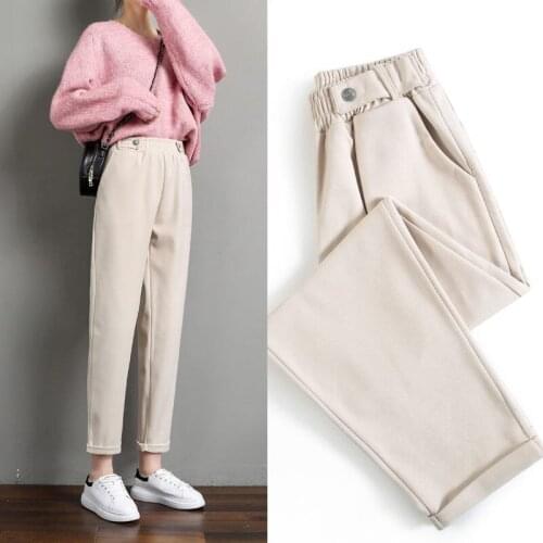 2021 Autumn Winter Women Casual Loose Chic Pant Lady Button High Waist Harem Pants Female Thick Warm Solid Woolen Trousers K553