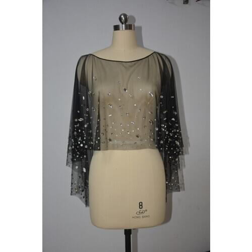 Black Real Pictures Silvery Crystal White Tulle Boat Neckline Wedding Cape Ladies Heavy Beaded Bridal Jacket custom size