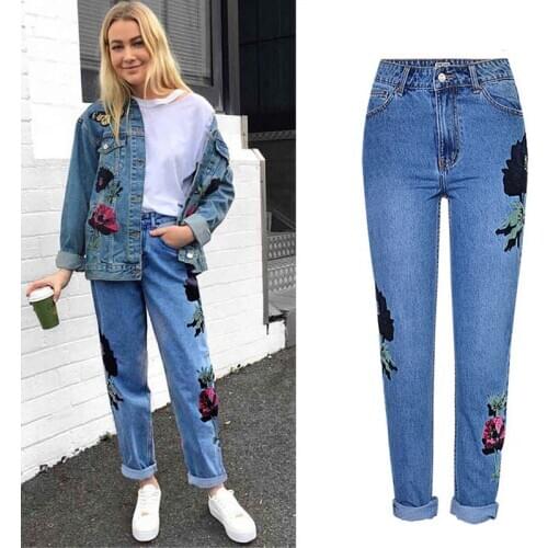 High Waist Flower Embroidery Autumn New Women Denim Pants jeans Woman Pantalon Femme