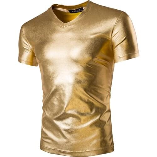 Shiny Gold Metallic V Neck T Shirt Men Hip Hop Punk Tshirt Men DJ Nightclub Bar Tee Shirt Homme Slim Fit Short Sleeve T-shirt