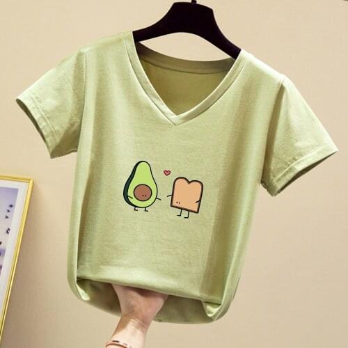 Harajuku Cartoon Avocado Cute Shirt Vegan Tshirt Women Kawaii Print Cotton V-neck Short Sleeve Plus Size T Shirts Summer Top