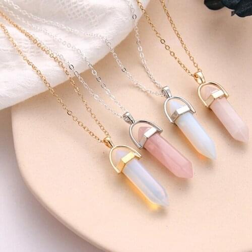 Hot sale Hexagonal Column Quartz Necklaces Pendants Fashion Natural Stone Bullet Pink Crystal Pendant Necklace for Women Jewelry