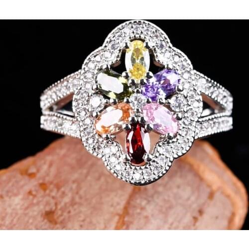 Exquisite Colorful Cubic Zircon Rings For Women Gorgeous With Clear Crystal Paved Wedding Rings Rainbow Color Stone Jewelry
