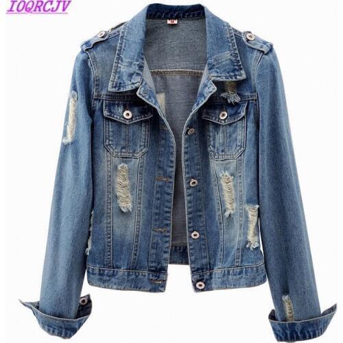 Short Denim Jacket Womens clothing Spring Autumn Long sleeve Cowboy Outerwear Plus size 5XL Casual Tops Holes student coat B051