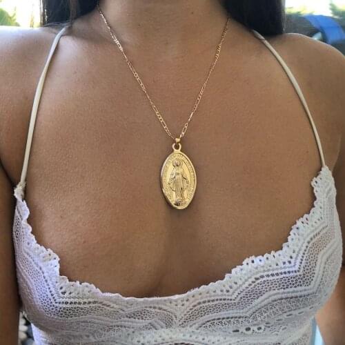 MOFLO Religious Gold Plated Virgin Mary Necklace Catholic Christian Virgin Mary Pendant Necklace Womans Jewelry