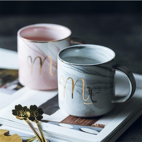 Mr&Mrs Marble Ceramic Mug Travel Coffee Mug Milk Tea Cups Creative Mr and Mrs Mugs Pink Gold Inlay Breakfast Home decoration