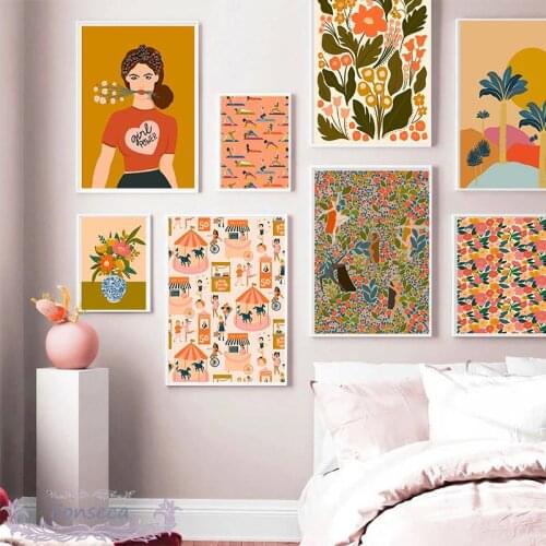 Wall Art Yoga Pose Pictures Nordic Summer Sun Cloud Flower Canvas Painting Retro Chic Fashion Girl Bedroom Home Decor