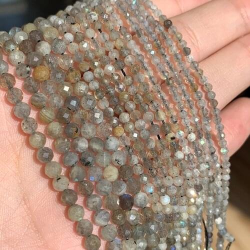 Natural Gray Labradorite 2/3/4mm Faceted Loose Round Mineral Beads for Jewelry Making DIY Christmas Gift Bracelets 15inch