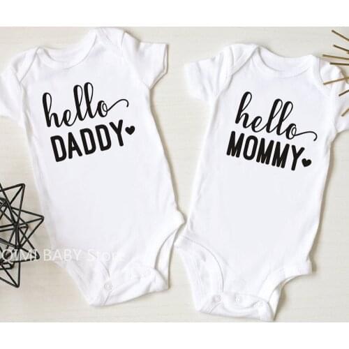 Newborn Baby Girls Boys Clothes Short Sleeve Bodysuits Hello Daddy Mommy Print Jumpsuit Outfits Cotton Baby Announcement Onesies