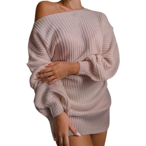 Sweater Dress One Shoulder Knitted Above Knee Lantern Sleeve Mini Dress for Dating Autumn elegant Womens Clothing 2021Black
