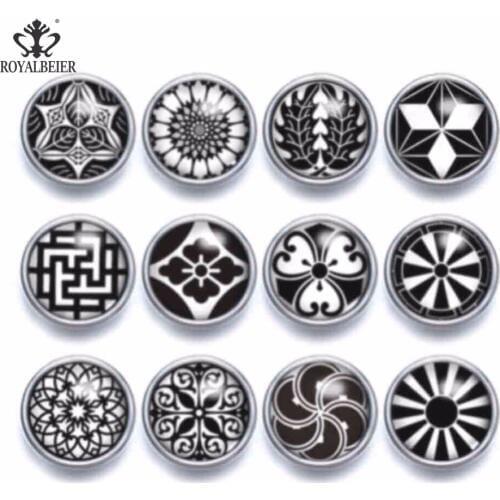 12pcs Glass Charms 12mm Snap Button Black Kaleidoscope Flower Theme Fit Snap Bracelet 12mm Snap Earrings Snap Jewelry KZ0949b