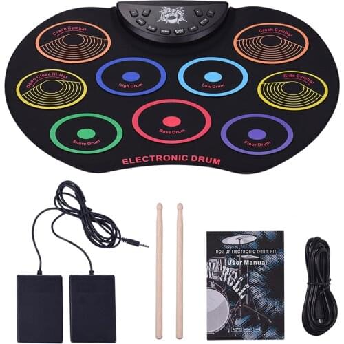 Portable Size Foldable Electronic Drum Kit 9 Silicon Drum Pads Folding Drum Set USB/Battery Powered with Drumsticks Foot Pedal