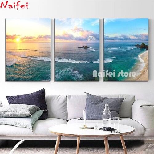 Natural Scenery Beach, Sea Sunset 5d Diy Diamond Painting 3 Pieces Full Square Round Diamond Embroidery Landscape Mosaic Decor