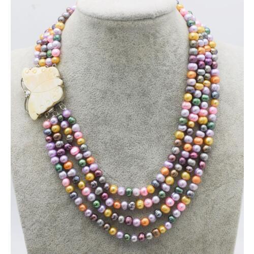 4rowsfreshwater pearl near round 7-8mm multicolor necklace wholesale 17-21nch FPPJ butterfly hook wholesalegift