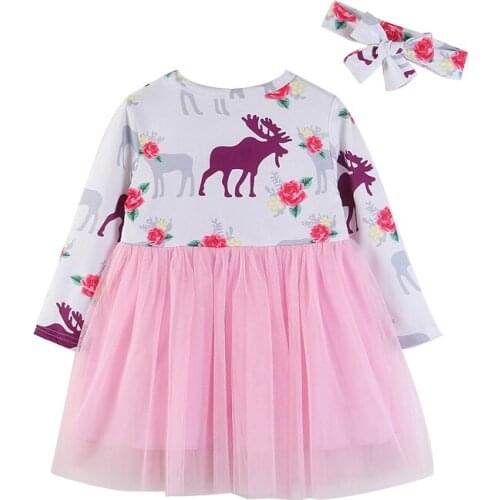 Christmas Deer Print Long Sleeve Christams Tutu Dress New Year Costume Dresses Baby Clothing