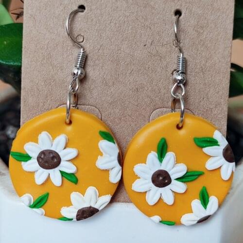 Minar Fashion Summer Sunflower Circle Geometrical Polymer Clay Dangle Earring for Women Girls Contrast Color Holiday Jewelry