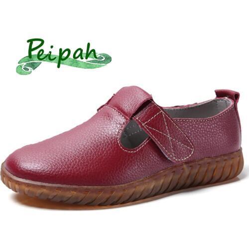 PEIPAH Genuine Leather Women Flat Shoes Breathable Casual Woman Loafers Hook & Loop Female Shoes Spring/Autumn Ladies Flats