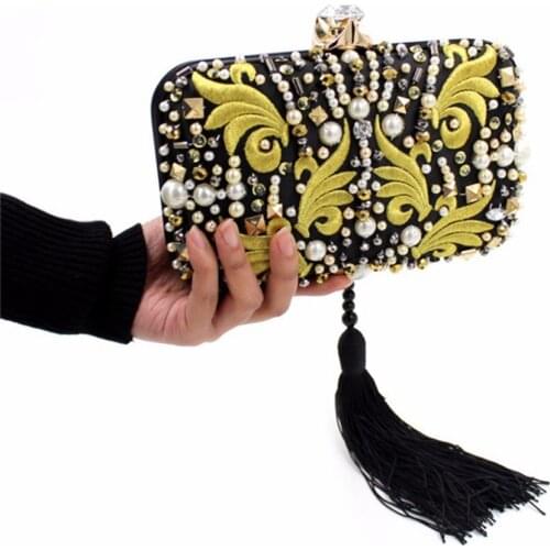 Womens Bag 2020 Luxury Pearl Bead Diamond Gold Embroidery Clutch Bag Black Tassel Crystal Evening Bag Handbag With Chain
