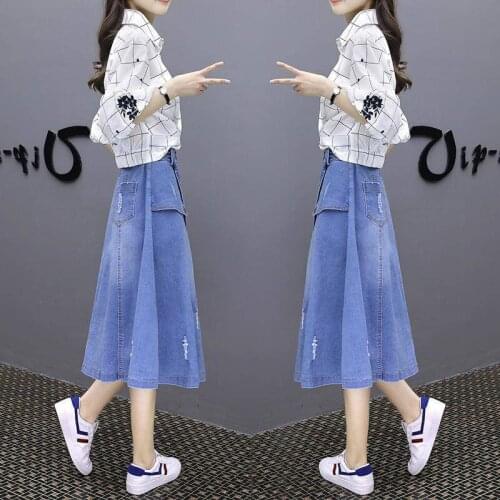 Spring Autumn Women 2 Piece Set Female Elegant embroidery lattice Shirt Top + Casual Denim Skirt Two piece Women Clothing Set