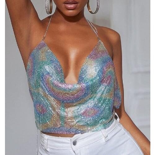 Sexy Crystal Backless Short Top for Female 2021 Glitter Rhienstone Deep V Neck Halter Tank Top Nightclub Party Summer Beach Bra