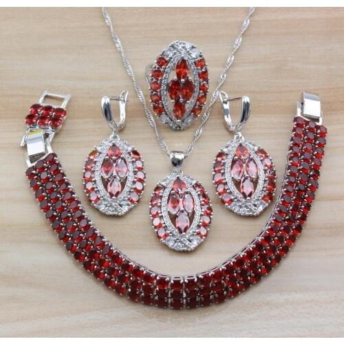 Luxurious Dubai Bridal Wedding Jewelry Sets Costume Silver Color AAA+ Red Garnet CZ Sets For Women Gift