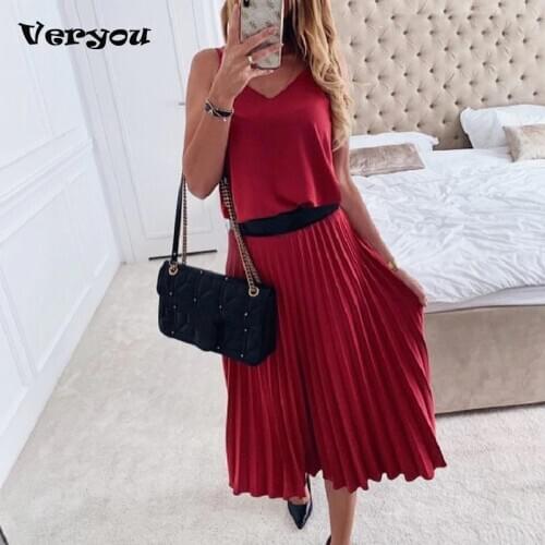 Sexy V-neck Lady Pleated Dress Elegant Strap A-line Dresses For Female Office Loose Dress Solid Pink Summer Party Midi Dresses
